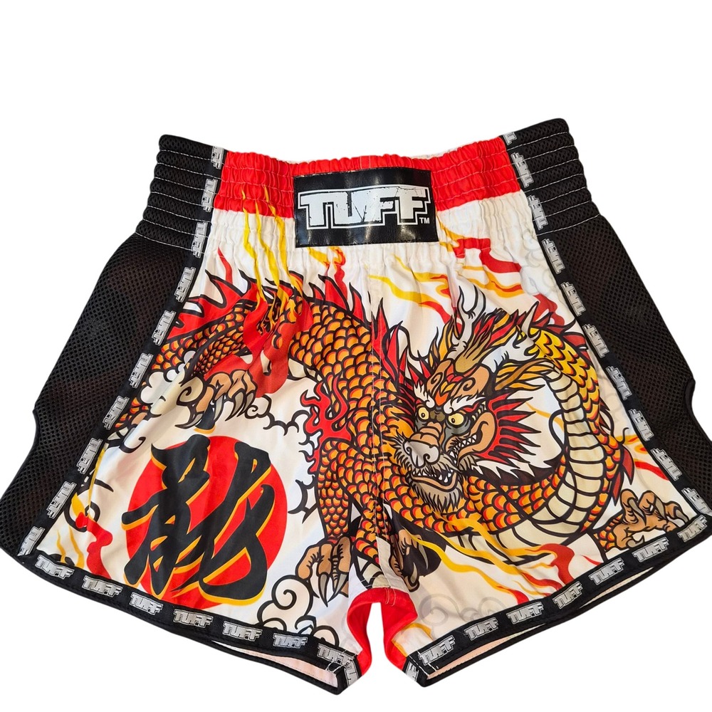 NWT Tuff Muay Thai Boxing Shorts Dragon Microfiber TUF-MSC114-WHT White Mens Lg